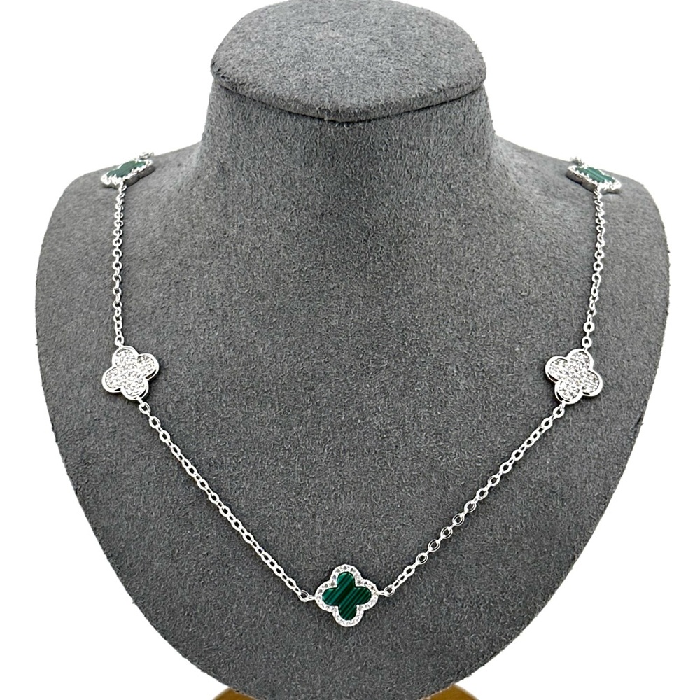 925 Sterling Silver Luxury Green Malachite Clover Necklace